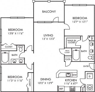 The Magnolia Magnolia 3 bedroom apartment. Kitchen with island bartop open to dining-living areas. two full baths with double vanities. In-unit laundry. Balcony