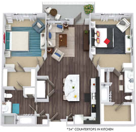 Weston 3D. 2 bedroom apartment. Kitchen with island open to living/dinning room. 2 full bathrooms, double vanity in master. Walk-in closets. Patio/balcony.