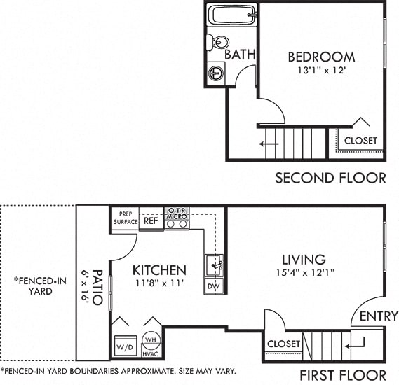Juniper 1 bedroom townhome. 1st floor eat-in kitchen-living-laundry. 2nd floor bedroom-full bath-closet.