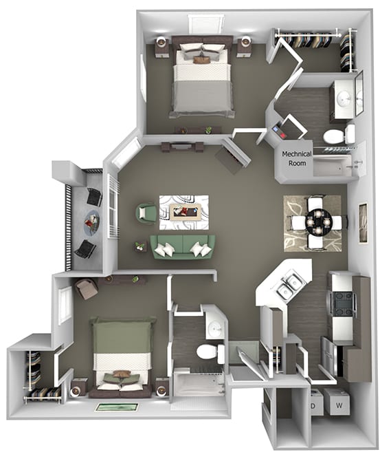 Cheswyck at Ballantyne Apartments - B2 (Canterbury) - 2 bedrooms and 2 bath - 3D floor plan