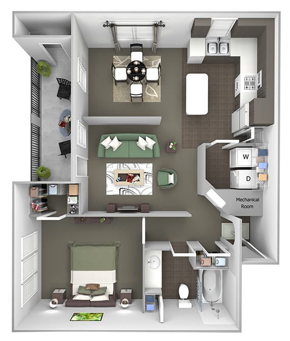 The Estates at River Pointe - A2 - 1 bedroom - 1 bathroom - 3D floor plan