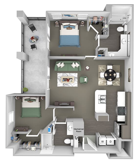 Corbin Greens Apartments - B2 - 2 bedrooms and 2 bath - 3D floor plan