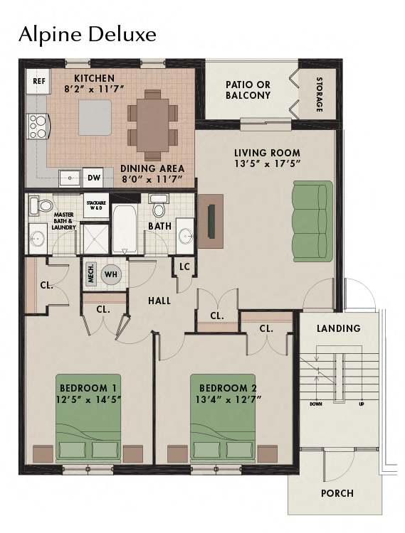 Two-bedroom, one-and-a-half-bathroom floor plan at New Kent Apartments in West Chester, PA, featuring a private balcony for outdoor relaxation.
