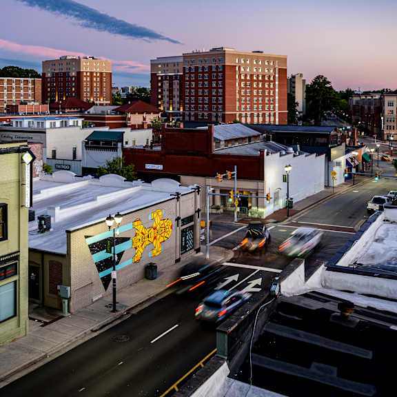 A city street with cars and buildings at Spring Lake Apartments in Greenville, NC, 27835