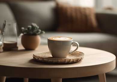 A cup of coffee sits on a coaster on a table.