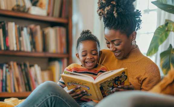 a mother reading a book to her child
