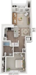 One bedroom 3D floor plan at Eagle Ridge Apartment Homes, Traverse City, MI 49685