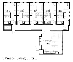 Floor Plan  A floor plan of a 5 person living suite is shown.