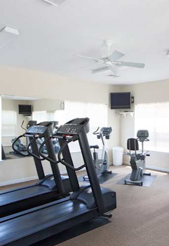 a gym with lots of treadmills and other exercise equipment at The Summit at Owings Mills Apartments, Owings Mills