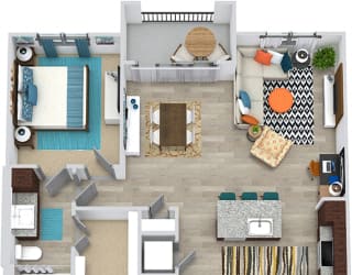 3D Walker 1 Bedroom floor plan apartment with entry closet. L-shaped kitchen with island and pantry cabinet, open to living-dining area, 1 bath with and walk-in closet. in-unit laundry. balcony.