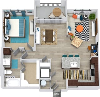 3D Walker 1 Bedroom floor plan apartment with entry closet. L-shaped kitchen with island and pantry cabinet, open to living-dining area, 1 bath with and walk-in closet. in-unit laundry. balcony.