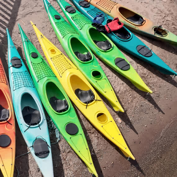 A group of colorful kayaks are lined up on the ground.