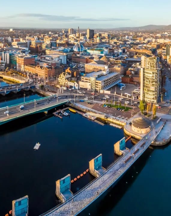 an aerial view of the harbor and the city