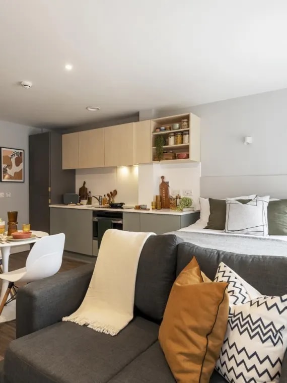 a living room with a couch and a kitchen in the background