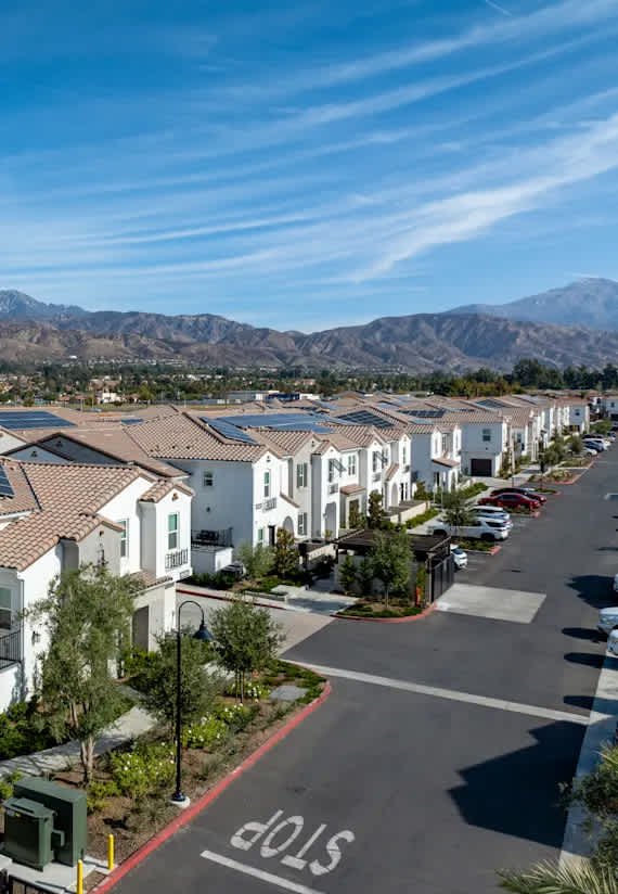 A street view of a residential area with houses and a mountain range in the background.