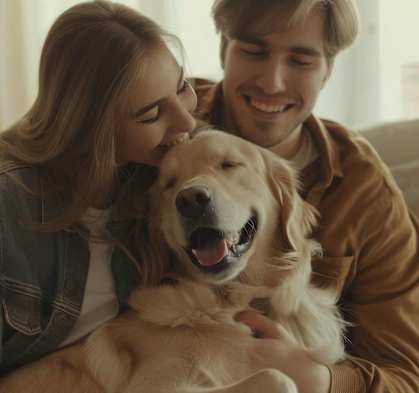 a man and woman sitting on a couch with a dog