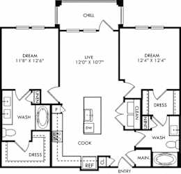 The Harrell. 2 bedroom apartment. Kitchen with island open to living room. 2 full bathrooms, double vanity in master. Walk-in closets. Patio/balcony.