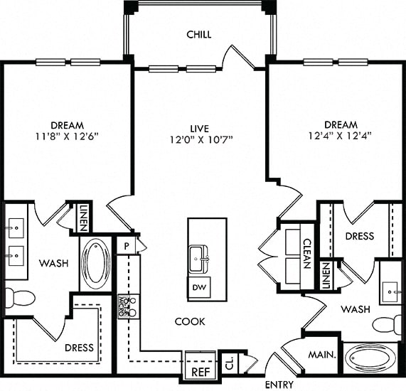The Harrell. 2 bedroom apartment. Kitchen with island open to living room. 2 full bathrooms, double vanity in master. Walk-in closets. Patio/balcony.