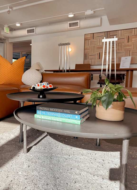 A living room with a brown couch, a grey coffee table, and a potted plant. at The Teale Siesta Lago in Kissimmee, FL, 34746