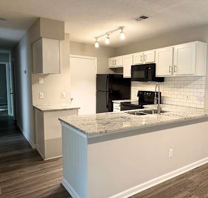 A kitchen with a granite countertop and black appliances.