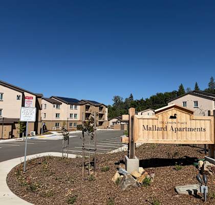 A sign for Mallard Apartments stands in front of apartment buildings.