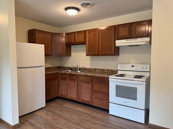 A kitchen with a white fridge, white stove, and brown cabinets.