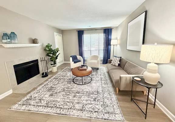 A living room with a fireplace, a couch, a chair, a coffee table, and a rug.