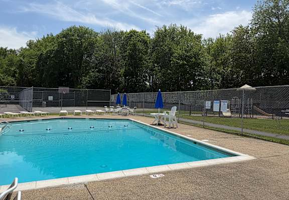 A large swimming pool surrounded by a fence and trees.
