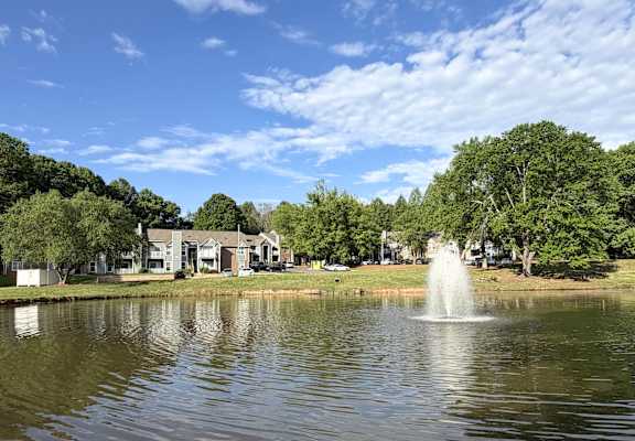 A fountain in the middle of a lake in a park.