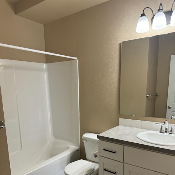 A white sink in a bathroom with a white cabinet above it.