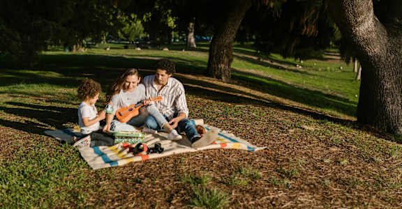 A family of three is sitting on a blanket under a tree in a park.