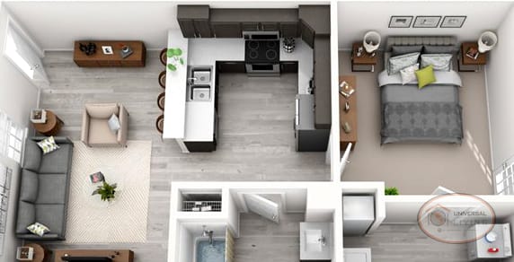 a bedroom with a bed and a chair in a room