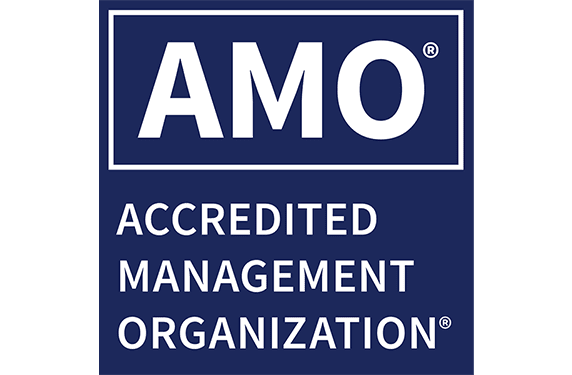 A blue and white logo for an accredited management organization.