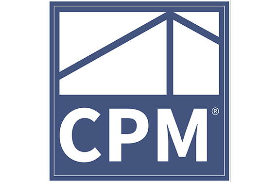 A blue and white logo with the letters CPM and a house shape.