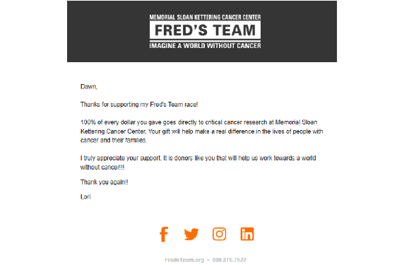 A letter from Fred's Team thanking donors for their support.
