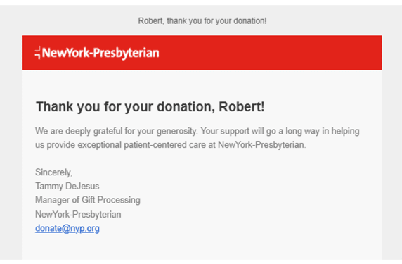 A thank you note for a donation from the New York-Presbyterian.