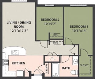  Floor Plan 2-Bed, 1-Bath, Garden