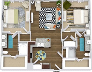 The Balboa 3D. 2 bedroom apartment. Kitchen with bartop open to living room. 2 full bathrooms, double vanity in master, shower stall in guest. Walk-in closets. Patio/balcony.