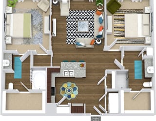 The Zilker 3D. 2 bedroom apartment. Kitchen with bartop open to living room. 2 full bathrooms, double vanity in master, shower stall in guest. Walk-in closets. Patio/balcony.