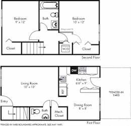 Dogwood 2 bedroom townhome. with fenced-in yard. L shaped kitchen, dining room, half bath and living room on first floor. 2 bedroom and 1 bath on second floor