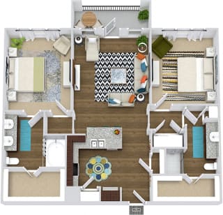 The Balboa 3D. 2 bedroom apartment. Kitchen with bartop open to living room. 2 full bathrooms, double vanity in master, shower stall in guest. Walk-in closets. Patio/balcony.