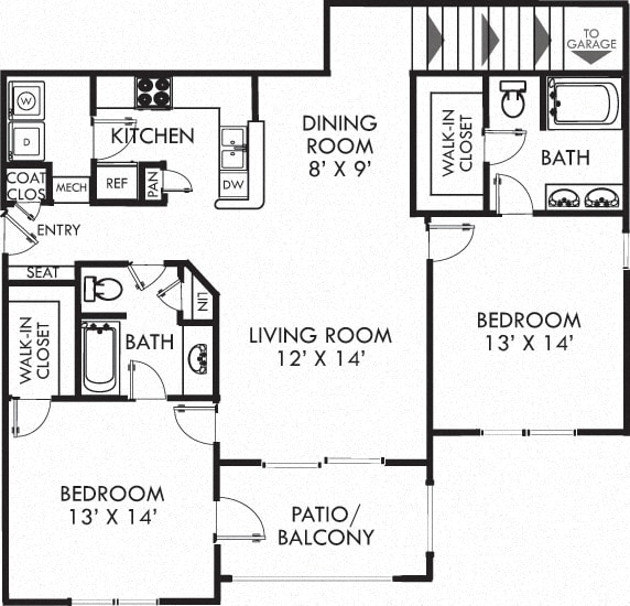 Springwell with attached garage. 2 bedroom apartment, stairs to entry. Kitchen with bartop open to living/dinning rooms. 2 full bathrooms, double vanity in master. Walk-in closets. Patio/balcony.