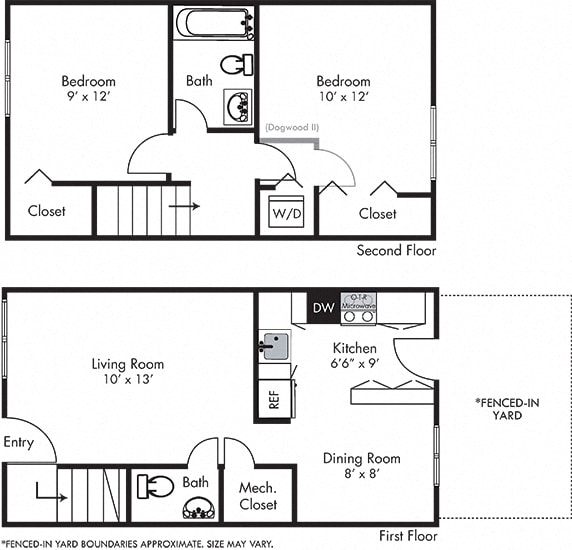 Dogwood 2 bedroom townhome. with fenced-in yard. L shaped kitchen, dining room, half bath and living room on first floor. 2 bedroom and 1 bath on second floor