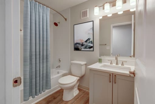 a bathroom with a white toilet and a shower and a sink