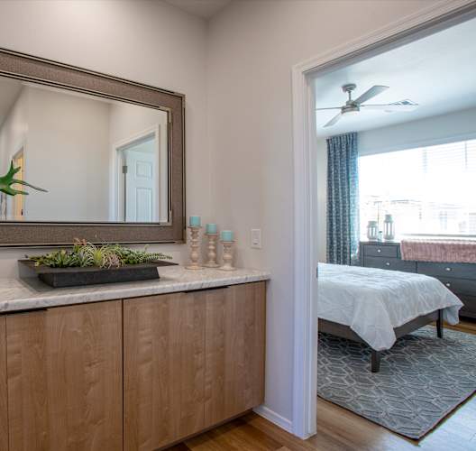 a bedroom with a large mirror and a plant on a counter