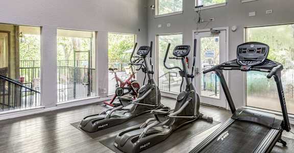 A gym with treadmills and elliptical machines.