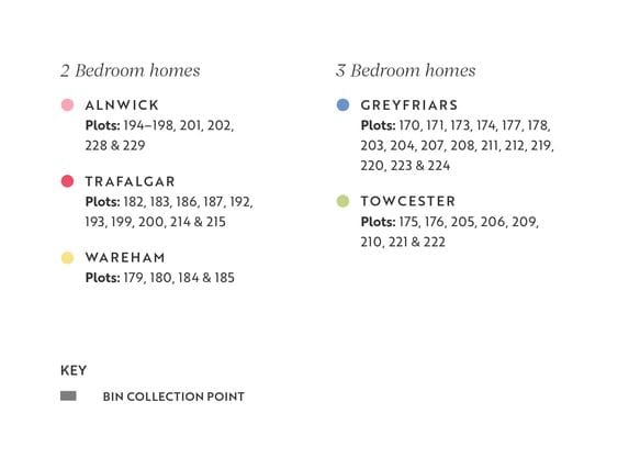 A list of 2 and 3 bedroom homes with their respective plots and prices.