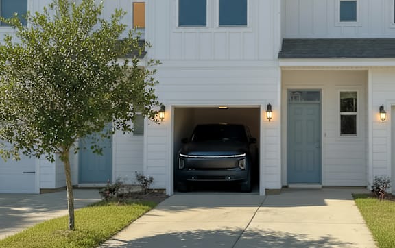 A white house with a black truck in the garage.