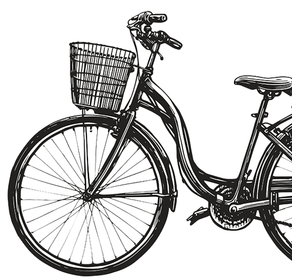 A black and white image of a bicycle with a basket on the front wheel.