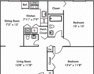 The Cottonwood. 2 bedroom apartment. Kitchen open to living/dinning room. 1 full bathroom + powder room. large closets. Patio/balcony.
